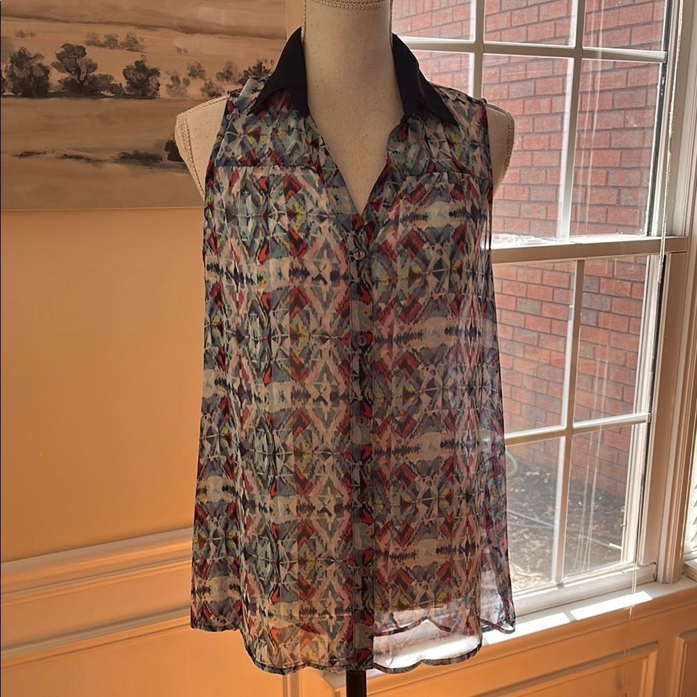 NWOT Chenault Aztec Pattern Sheer Sleeveless Blouse